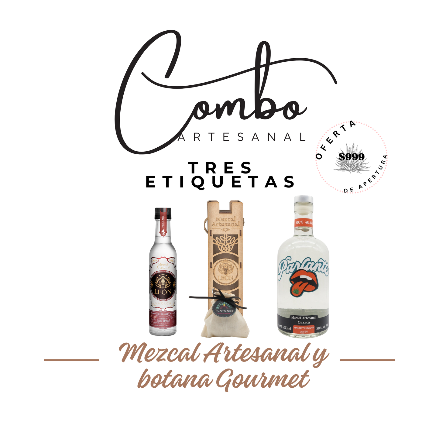 Combo artesanal con tres etiquetas premium: León 250 ml, Parlante 750 ml y botana Tlatoani. Ideal para regalo o degustación gourmet.
