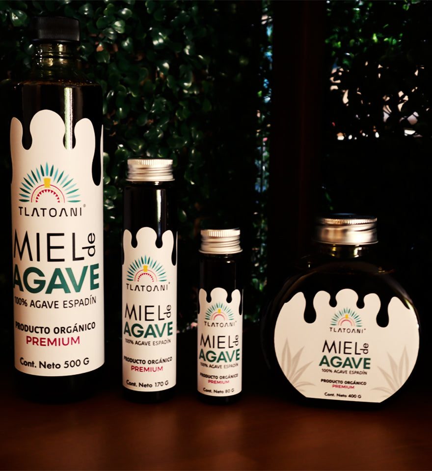 Botellas de miel de agave orgánica Tlatoani en diferentes presentaciones — 80 g, 170 g, 400 g y 500 g — elaboradas con 100% agave espadín, exhibidas sobre superficie de madera con fondo de follaje verde.